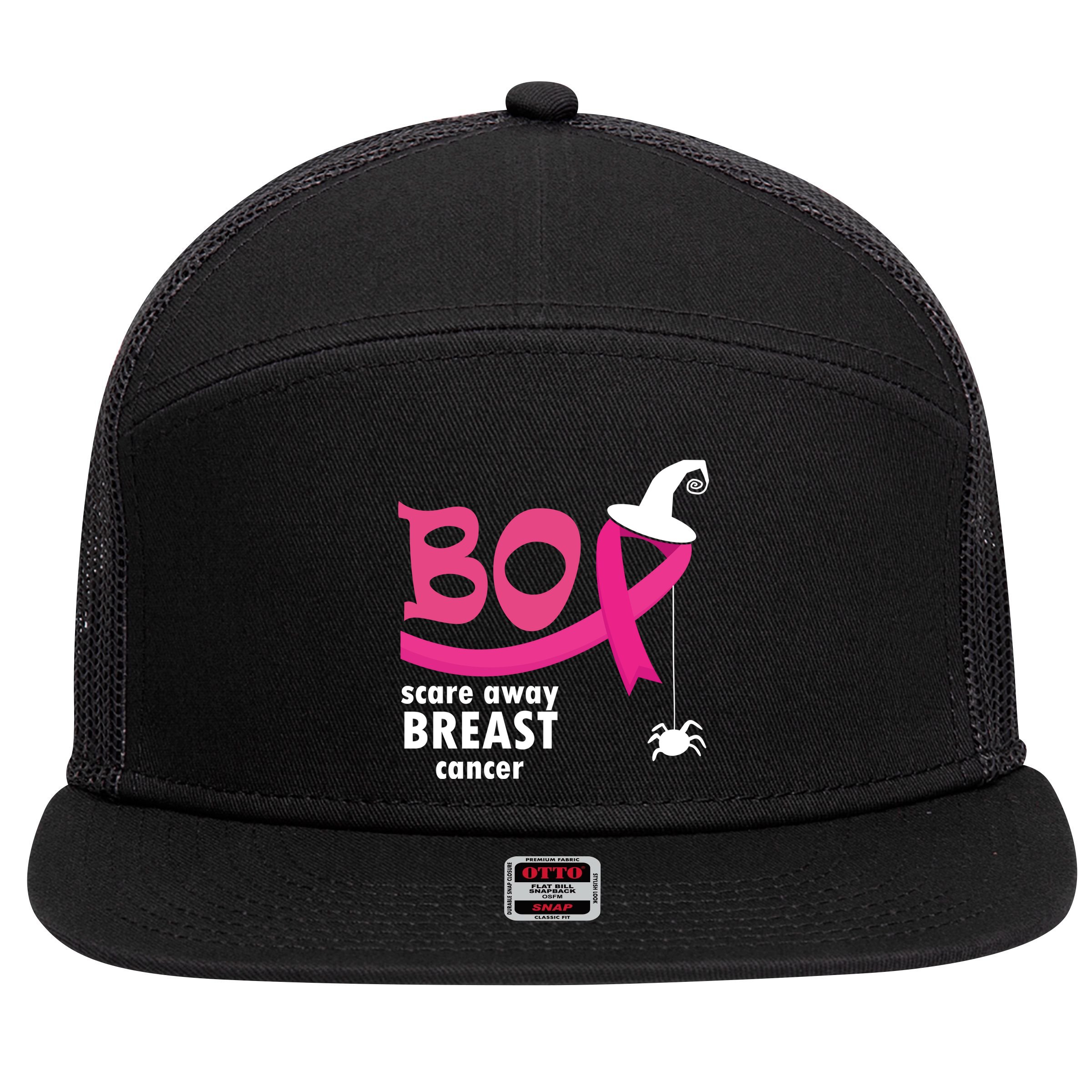 Boo Scare Away Breast Cancer Awareness Spooky 7 Panel Mesh Trucker Snapback Hat