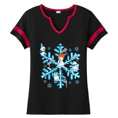 Blue Snowflakes And Snowman Merry Christmas Family Matching Ladies Halftime Notch Neck Tee