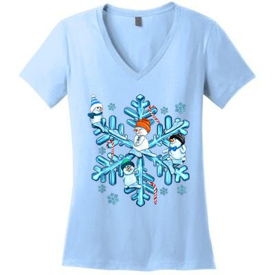 Blue Snowflakes And Snowman Merry Christmas Family Matching Women's V-Neck T-Shirt