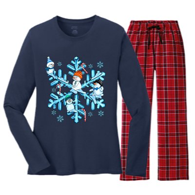 Blue Snowflakes And Snowman Merry Christmas Family Matching Women's Long Sleeve Flannel Pajama Set 