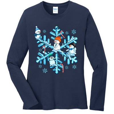 Blue Snowflakes And Snowman Merry Christmas Family Matching Ladies Long Sleeve Shirt