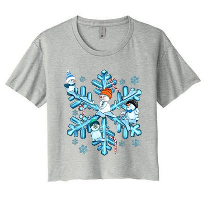 Blue Snowflakes And Snowman Merry Christmas Family Matching Women's Crop Top Tee