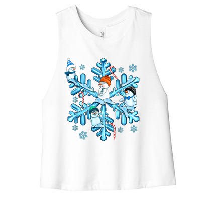 Blue Snowflakes And Snowman Merry Christmas Family Matching Women's Racerback Cropped Tank