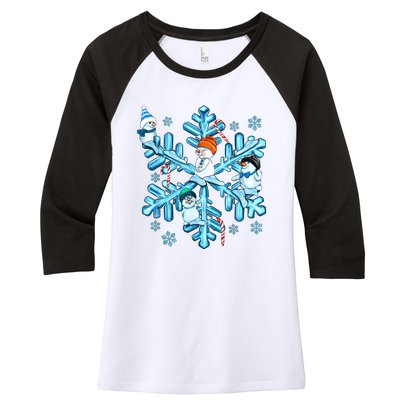 Blue Snowflakes And Snowman Merry Christmas Family Matching Women's Tri-Blend 3/4-Sleeve Raglan Shirt