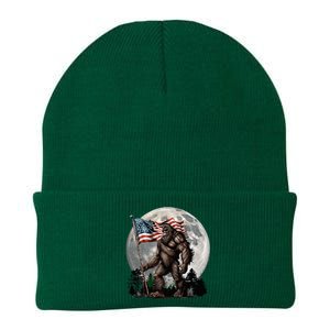 Bigfoot Sasquatch American Flag Full Moon Patriotic Knit Cap Winter Beanie