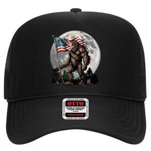 Bigfoot Sasquatch American Flag Full Moon Patriotic High Crown Mesh Back Trucker Hat