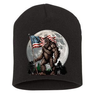 Bigfoot Sasquatch American Flag Full Moon Patriotic Short Acrylic Beanie