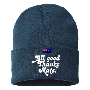 British Slogans All Good Thanks Mate Sustainable Knit Beanie