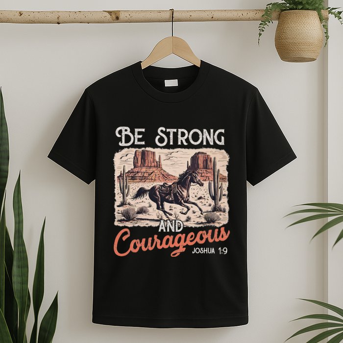 Be Strong And Courageous Horse Western Christian Cowgirl T-Shirt