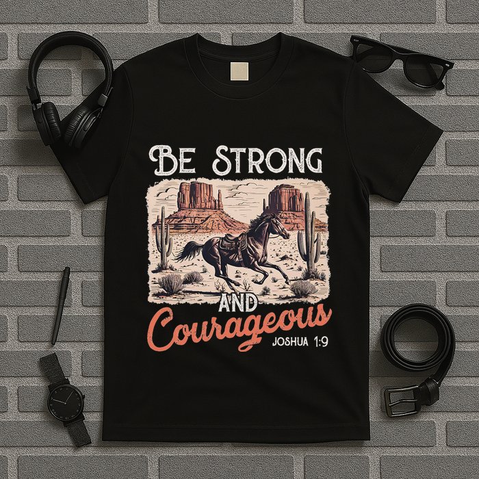 Be Strong And Courageous Horse Western Christian Cowgirl T-Shirt