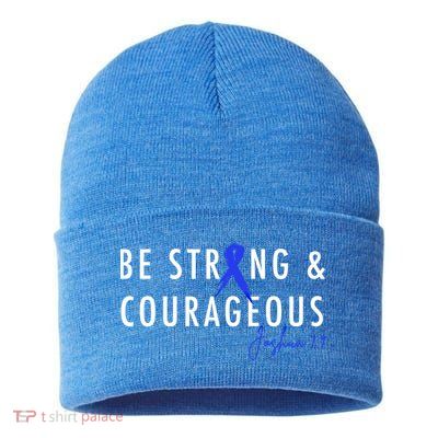 Be Strong And Courageous Colon Cancer Awareness Ribbon Gift Sustainable Knit Beanie