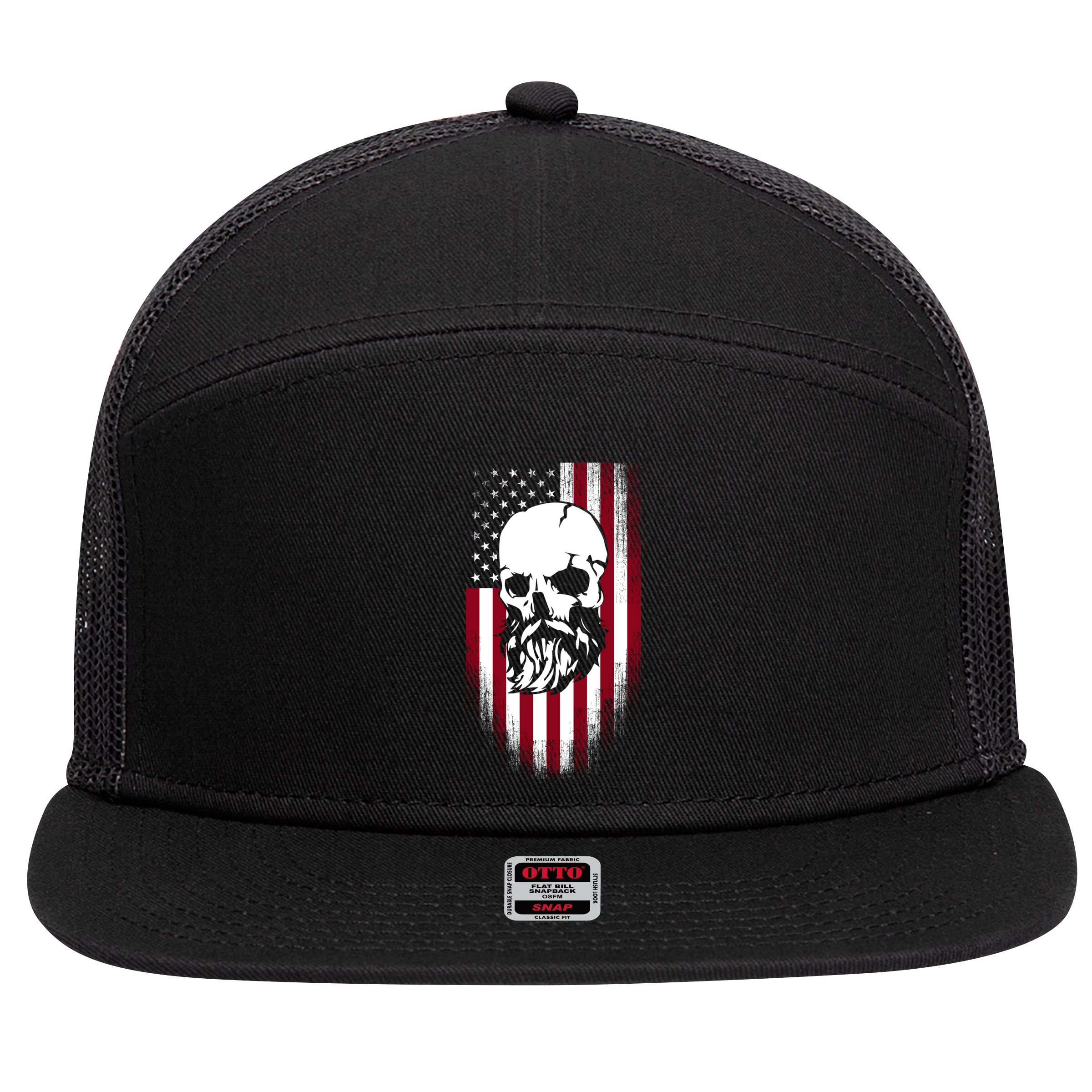 Bearded Skull And Us Flag Independence Day Gift 7 Panel Mesh Trucker Snapback Hat