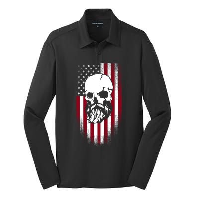 Bearded Skull And Us Flag Independence Day Gift Silk Touch Performance Long Sleeve Polo