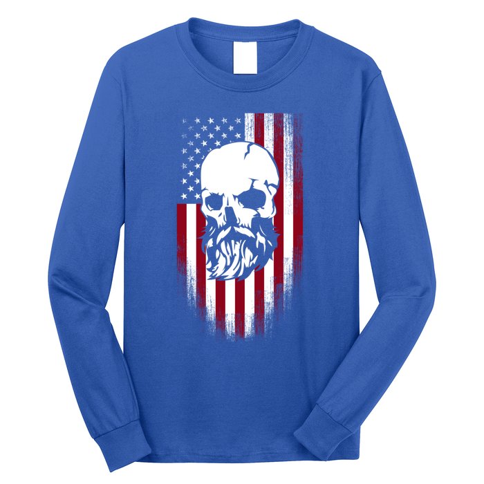 Bearded Skull And Us Flag Independence Day Gift Long Sleeve Shirt