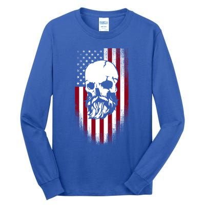 Bearded Skull And Us Flag Independence Day Gift Tall Long Sleeve T-Shirt