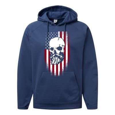 Bearded Skull And Us Flag Independence Day Gift Performance Fleece Hoodie