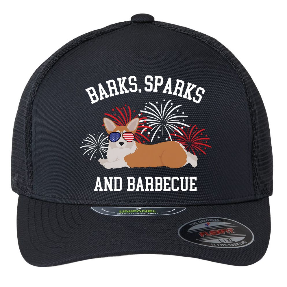 Barks Sparks And Barbecue Corgi 4th Of July Flexfit Unipanel Trucker Cap