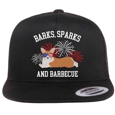 Barks Sparks And Barbecue Corgi 4th Of July Flat Bill Trucker Hat