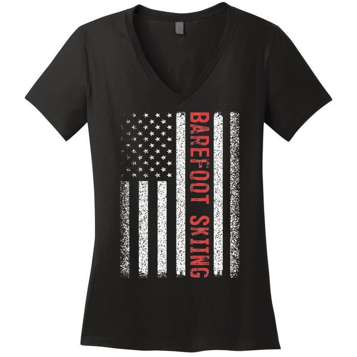 Barefoot Skiing American Flag 4th Of July Women's V-Neck T-Shirt