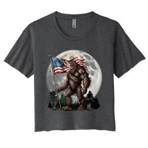 Bigfoot Sasquatch American Flag Full Moon Patriotic Women's Crop Top Tee