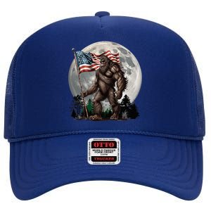 Bigfoot Sasquatch American Flag Full Moon Patriotic High Crown Mesh Back Trucker Hat