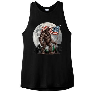 Bigfoot Sasquatch American Flag Full Moon Patriotics Ladies PosiCharge Tri-Blend Wicking Tank