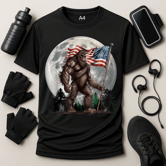 Bigfoot Sasquatch American Flag Full Moon Patriotics Cooling Performance Crew T-Shirt