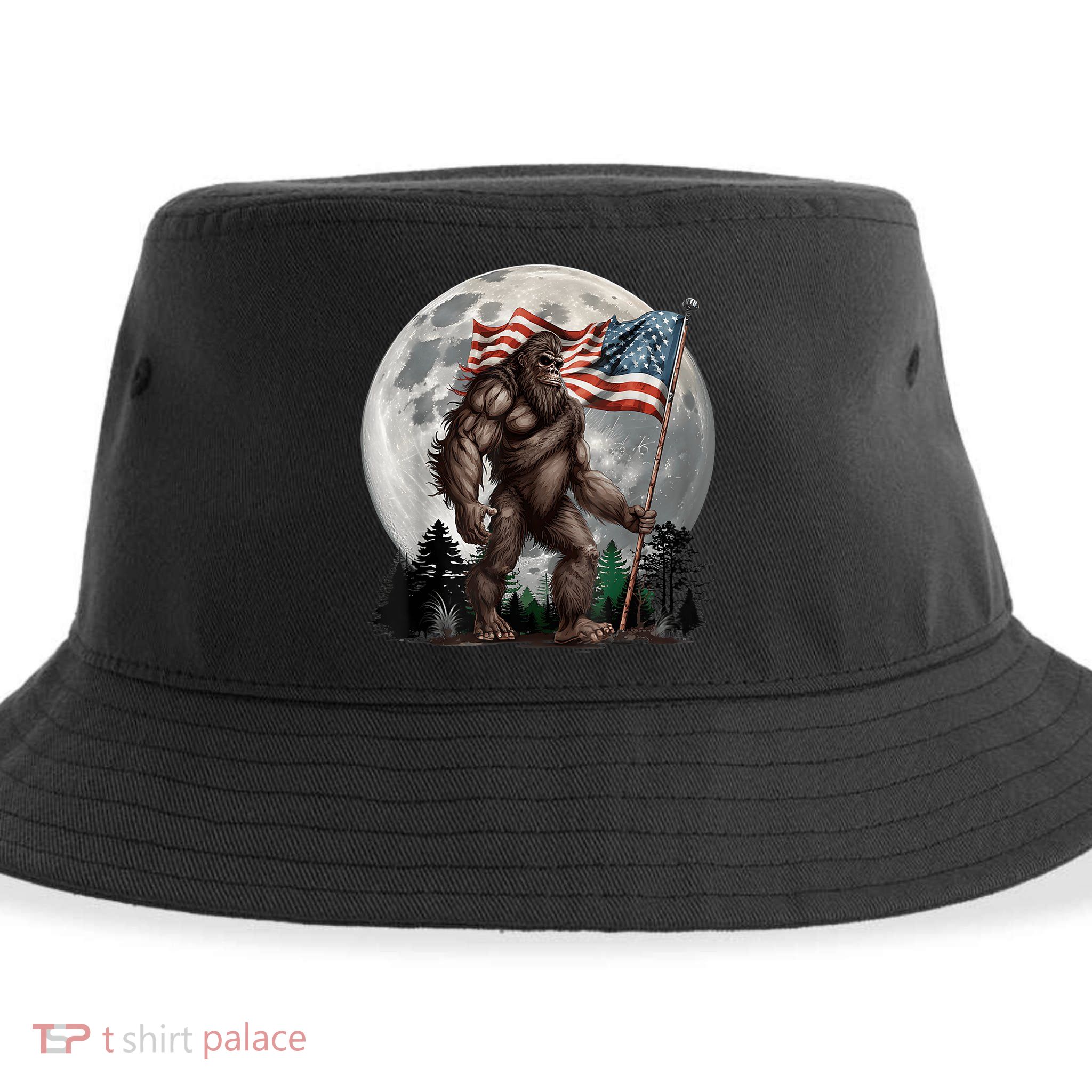 Bigfoot Sasquatch American Flag Full Moon Patriotics Sustainable Bucket Hat