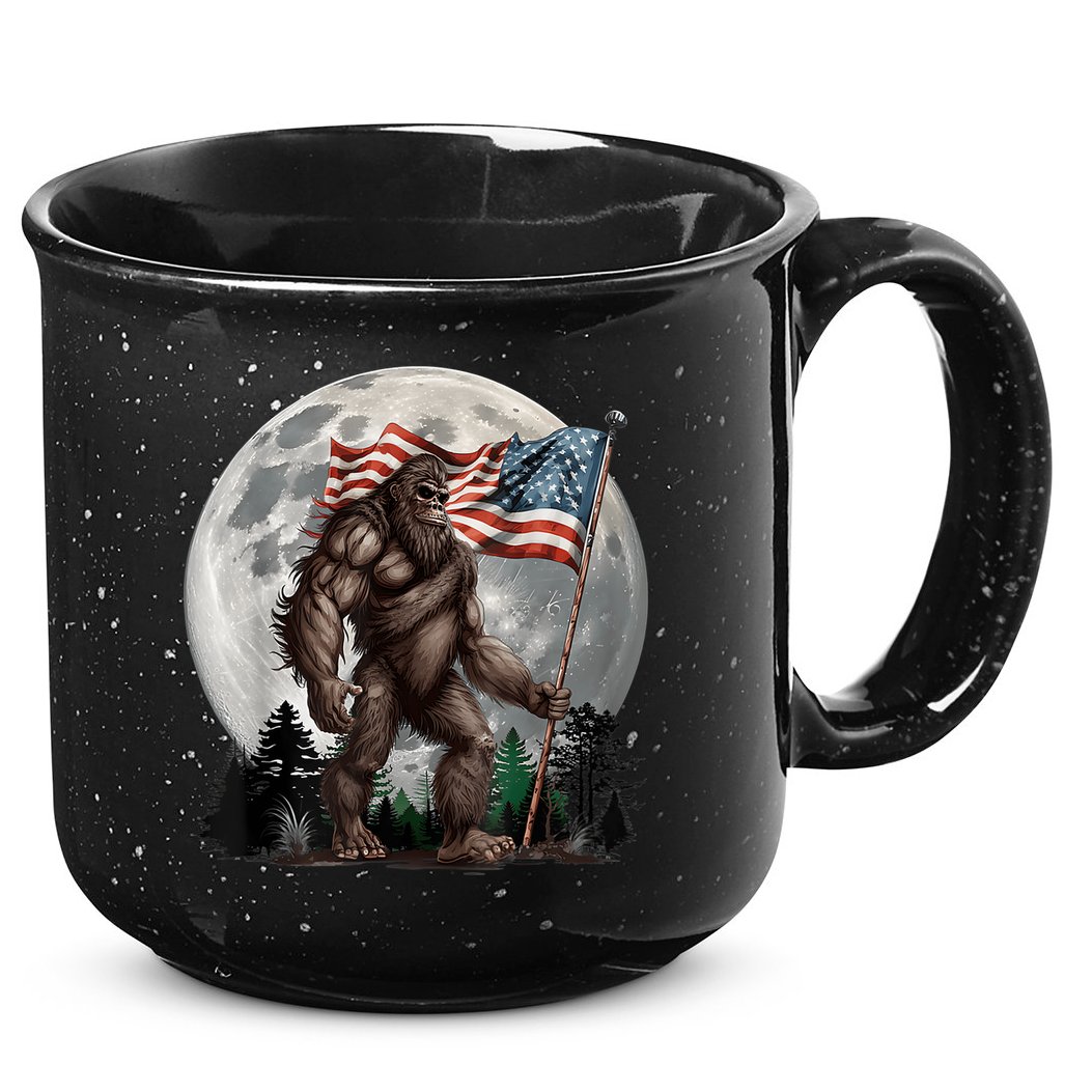 Bigfoot Sasquatch American Flag Full Moon Patriotics 15oz Campfire Ceramic Mug