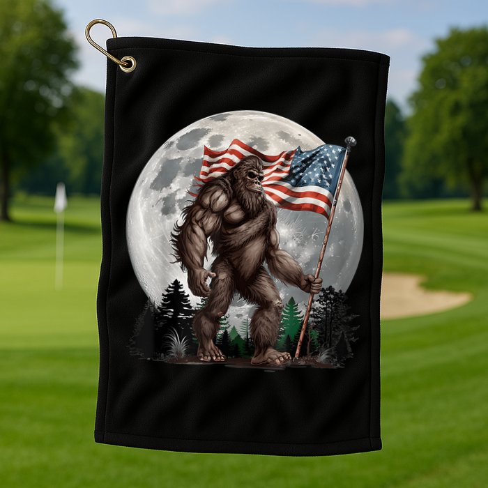 Bigfoot Sasquatch American Flag Full Moon Patriotics Golf Towel