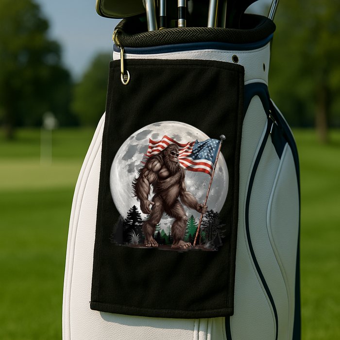 Bigfoot Sasquatch American Flag Full Moon Patriotics Golf Towel