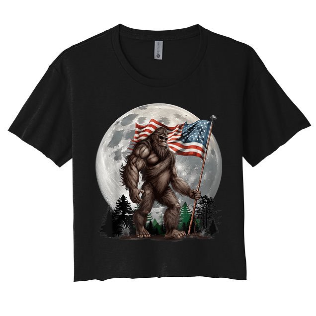 Bigfoot Sasquatch American Flag Full Moon Patriotics Crop Top