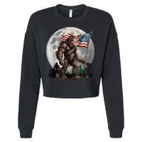 Bigfoot Sasquatch American Flag Full Moon Patriotics Cropped Pullover Crew
