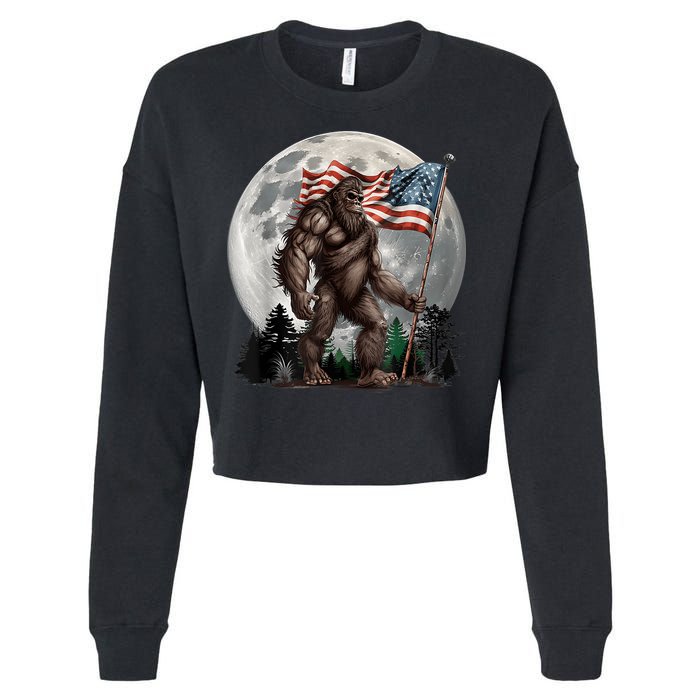 Bigfoot Sasquatch American Flag Full Moon Patriotics Cropped Pullover Crew