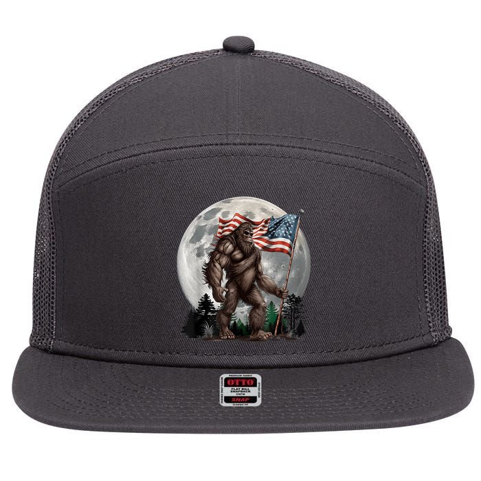 Bigfoot Sasquatch American Flag Full Moon Patriotics 7 Panel Mesh Trucker Snapback Hat