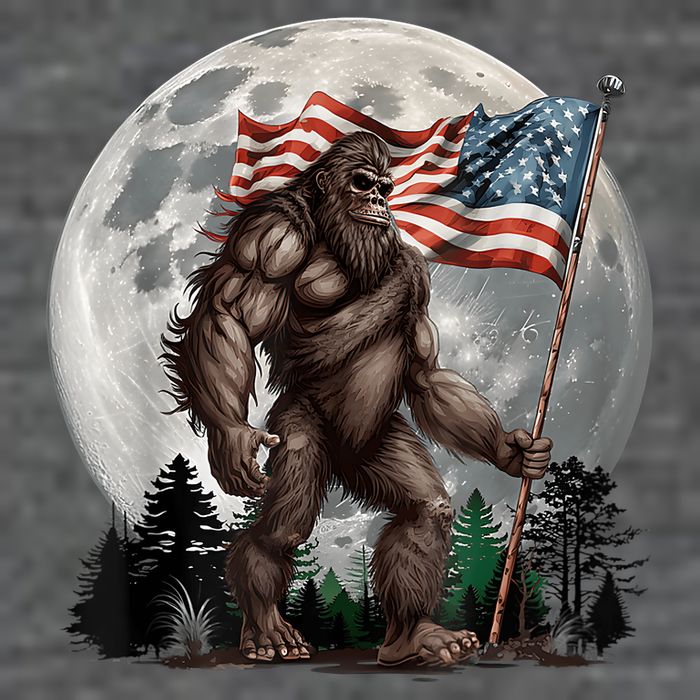 Bigfoot Sasquatch American Flag Full Moon Patriotics 7 Panel Mesh Trucker Snapback Hat