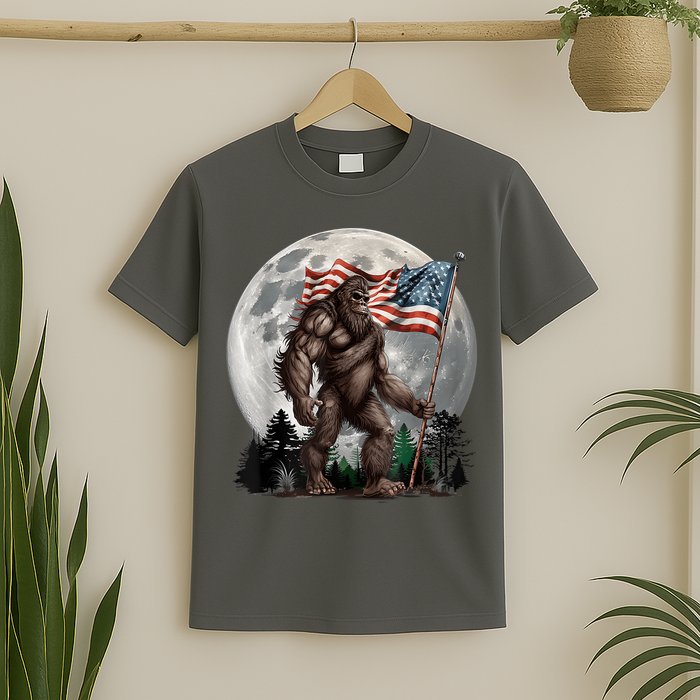 Bigfoot Sasquatch American Flag Full Moon Patriotics T-Shirt