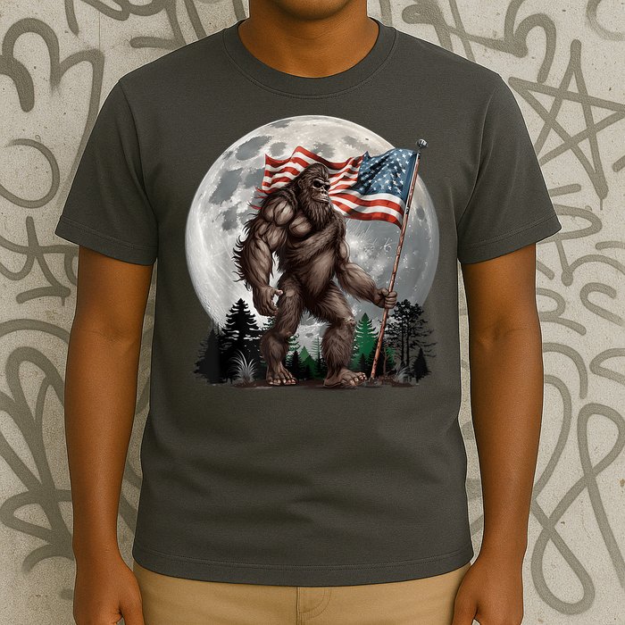 Bigfoot Sasquatch American Flag Full Moon Patriotics T-Shirt