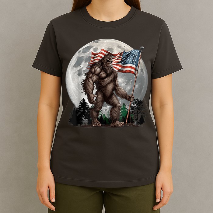 Bigfoot Sasquatch American Flag Full Moon Patriotics T-Shirt