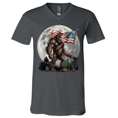 Bigfoot Sasquatch American Flag Full Moon Patriotics V-Neck T-Shirt