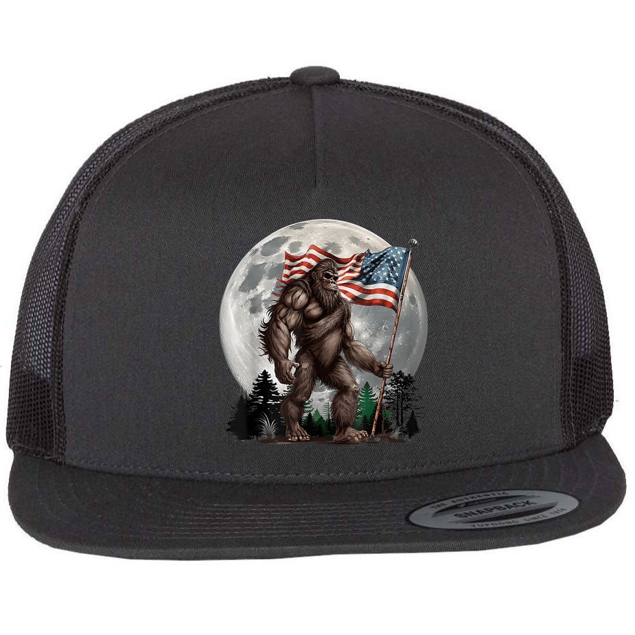 Bigfoot Sasquatch American Flag Full Moon Patriotics Flat Bill Trucker Hat