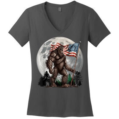 Bigfoot Sasquatch American Flag Full Moon Patriotics Women's V-Neck T-Shirt