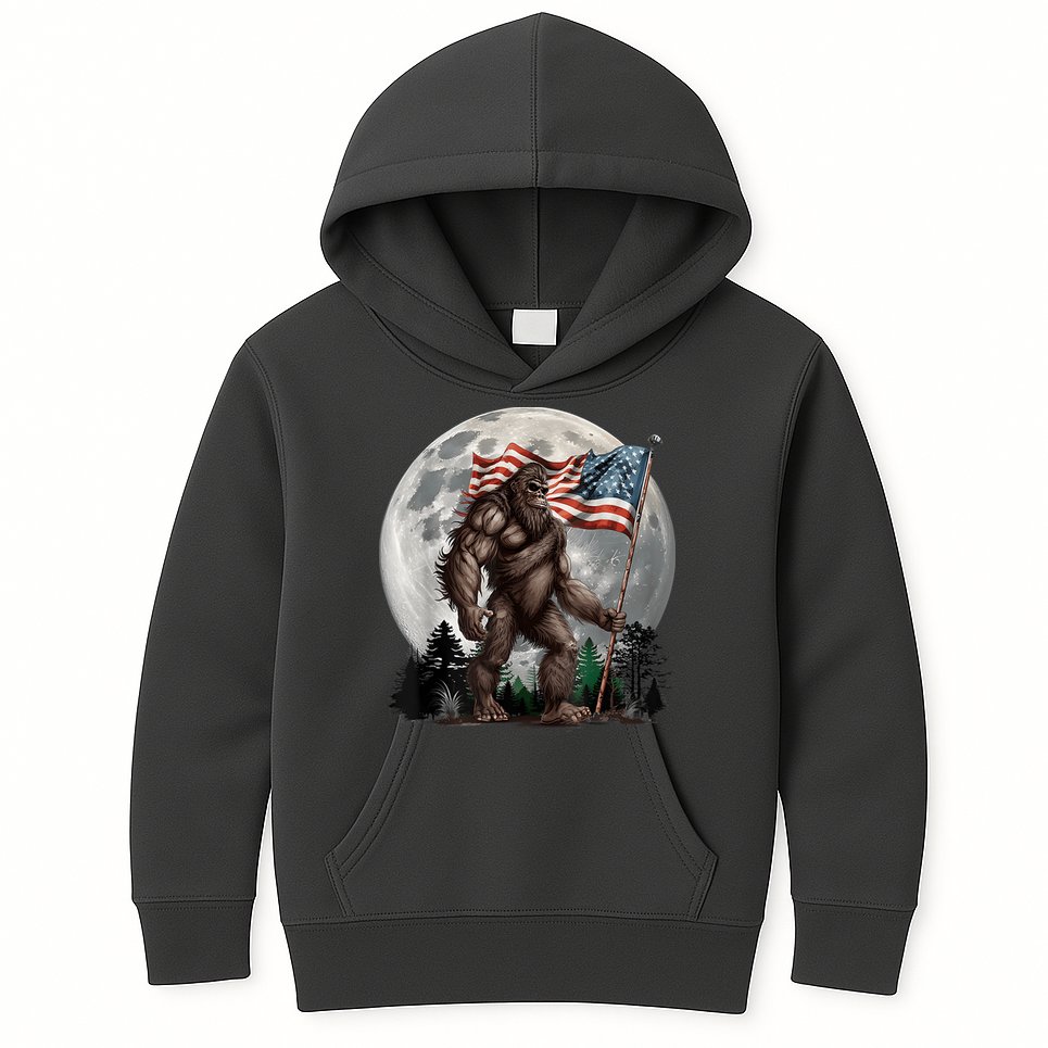 Bigfoot Sasquatch American Flag Full Moon Patriotics Kids Hoodie
