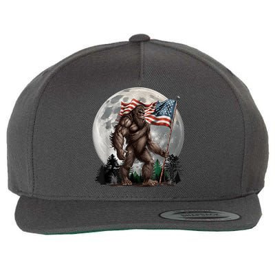 Bigfoot Sasquatch American Flag Full Moon Patriotics Wool Snapback Cap