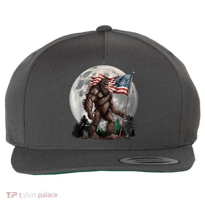 Bigfoot Sasquatch American Flag Full Moon Patriotics Wool Snapback Cap