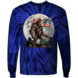 Bigfoot Sasquatch American Flag Full Moon Patriotics Tie-Dye Long Sleeve Shirt