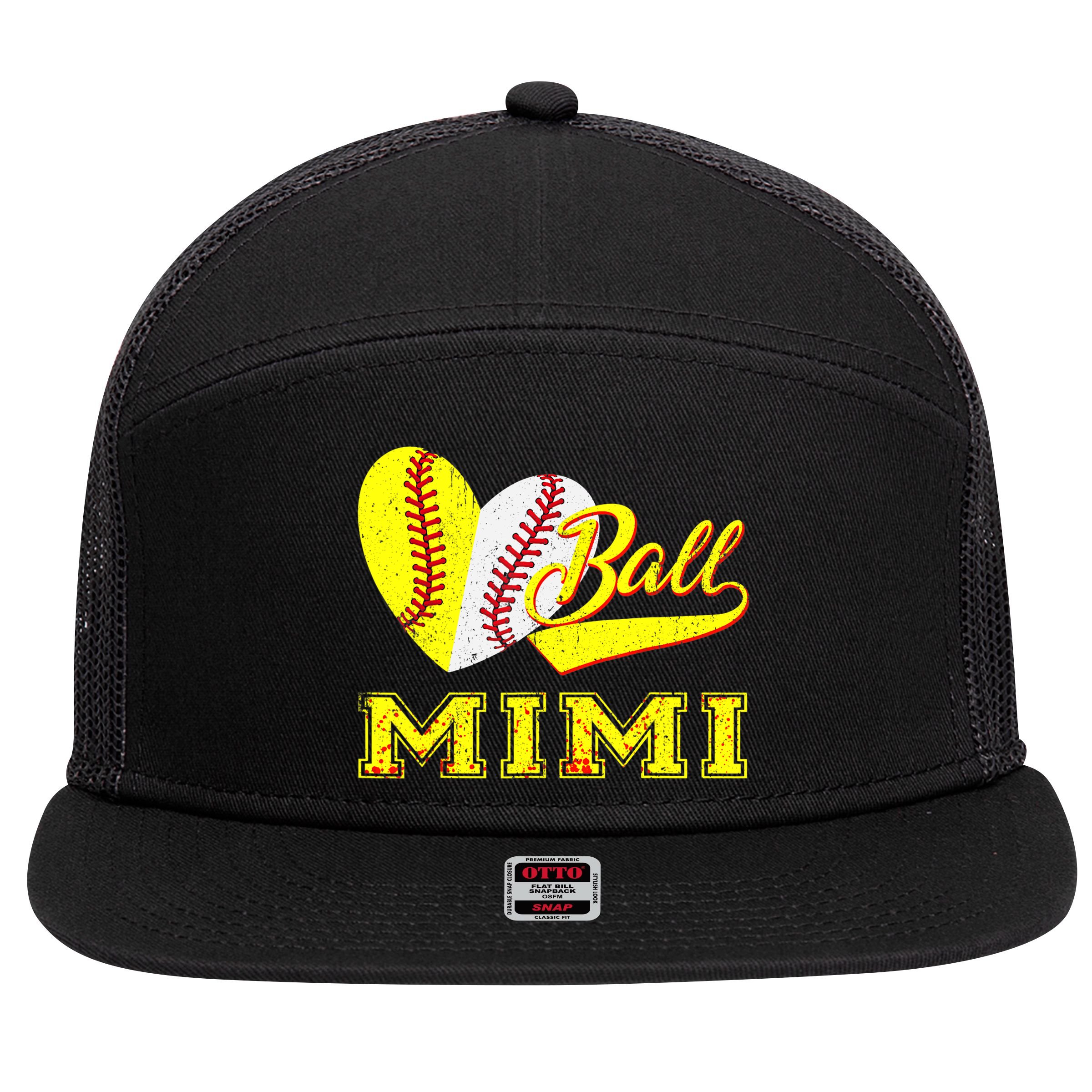 Baseball Softball Ball Heart Mimi Mother's Day 7 Panel Mesh Trucker Snapback Hat