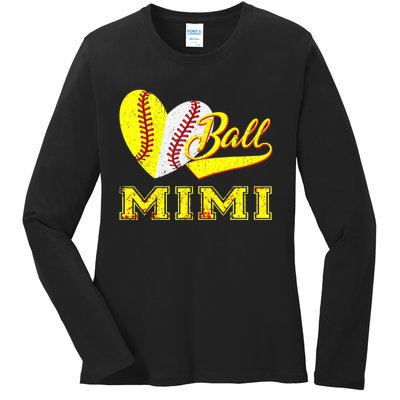 Baseball Softball Ball Heart Mimi Mother's Day Ladies Long Sleeve Shirt