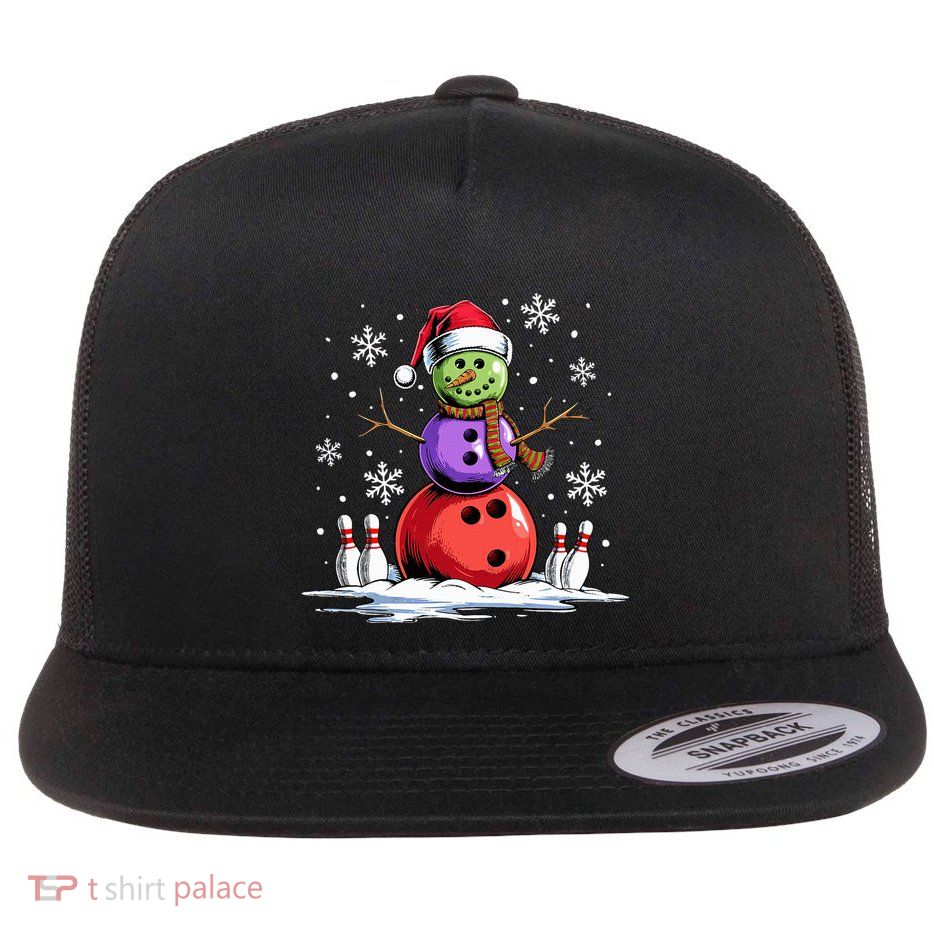 Bowling Snowman Bowling Player Santa Hat Christmas Funny Flat Bill Trucker Hat