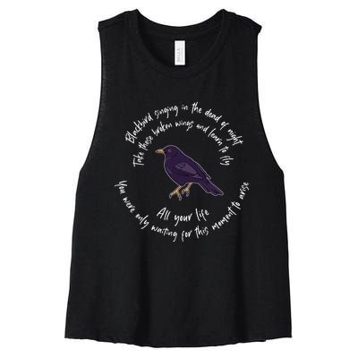 Blackbird Singing Bird Wings Microphone Singer Lyrics Artist Women's Racerback Cropped Tank